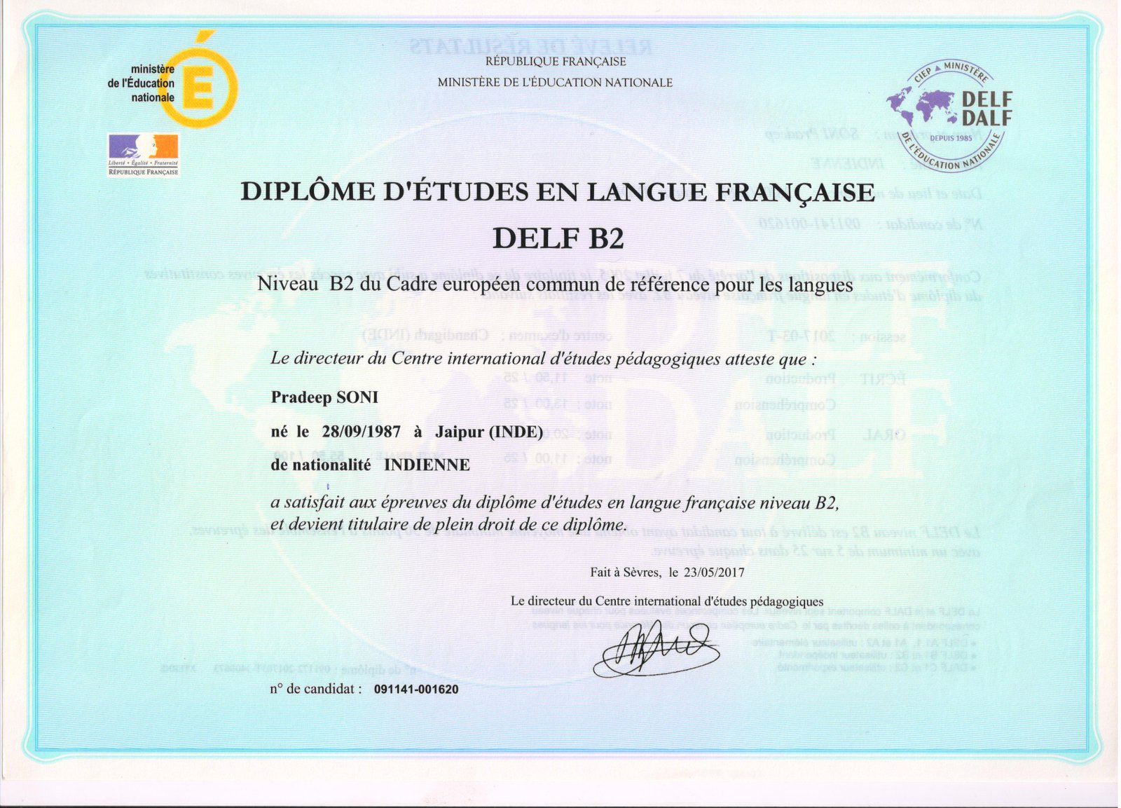 DELF B2 certificate