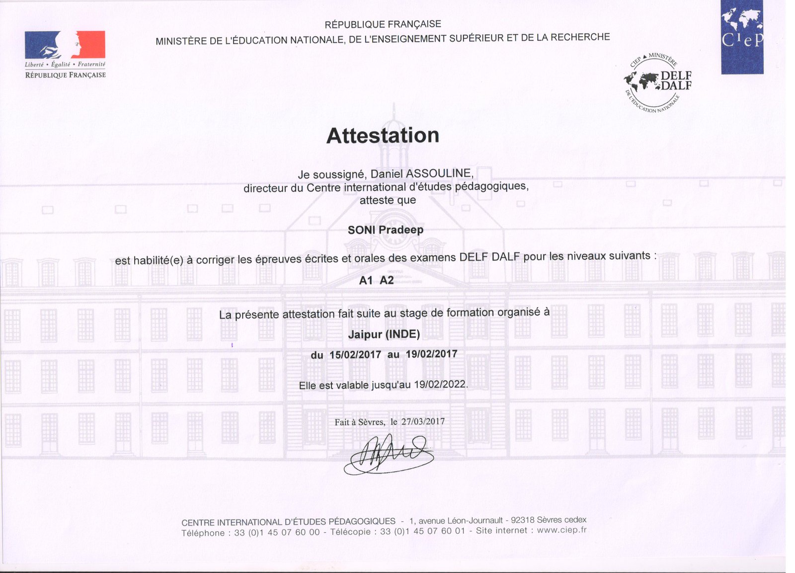 Cerification Of Examinateur Correcteur A1 A2