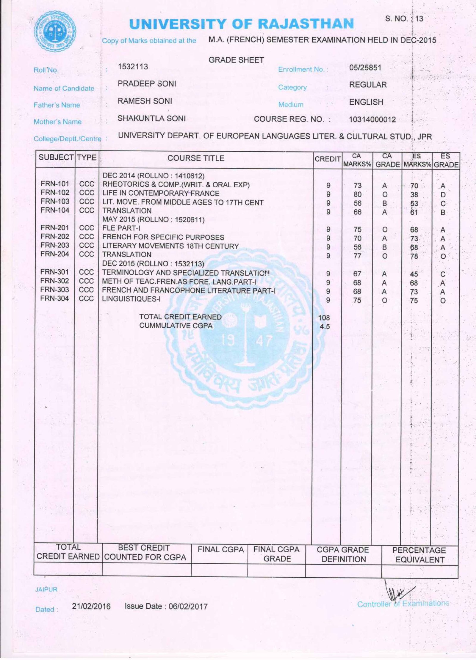 Master In Frence 1,2,3 Semster
